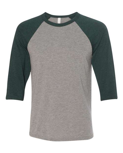 Bella + Canvas Unisex Three-Quarter Sleeve Baseball T-Shirt-Grey/ Emerald TriblendSize -L