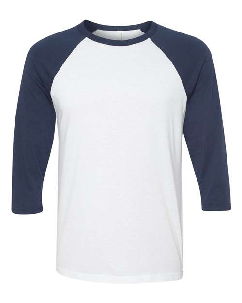 Bella + Canvas Unisex Three-Quarter Sleeve Baseball T-Shirt-White/ NavySize -M