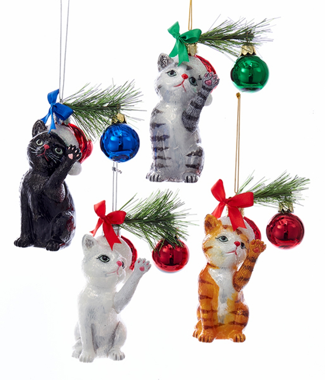 Kurt S. Adler Noble Gems Kitty Cats in Santa Hats Playing Christmas Holiday Ornaments Set of 4