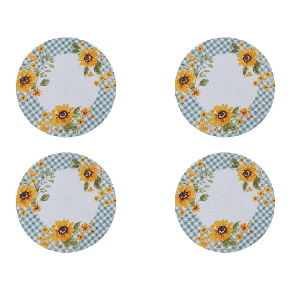 Kay Dee Sunflowers Forever Blue Plaid Kitchen or Dining Braided Placemats Set of 4