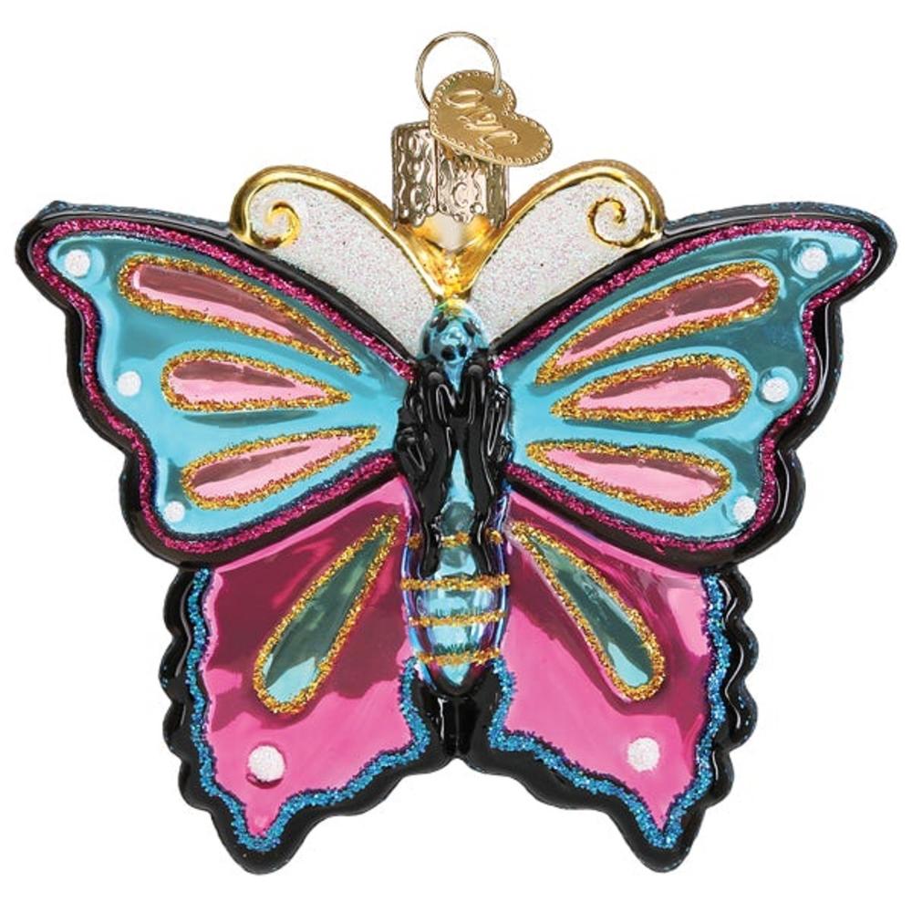 Old World Fanciful Butterfly Pink and Blue Christmas Holiday Ornament Blown Glass