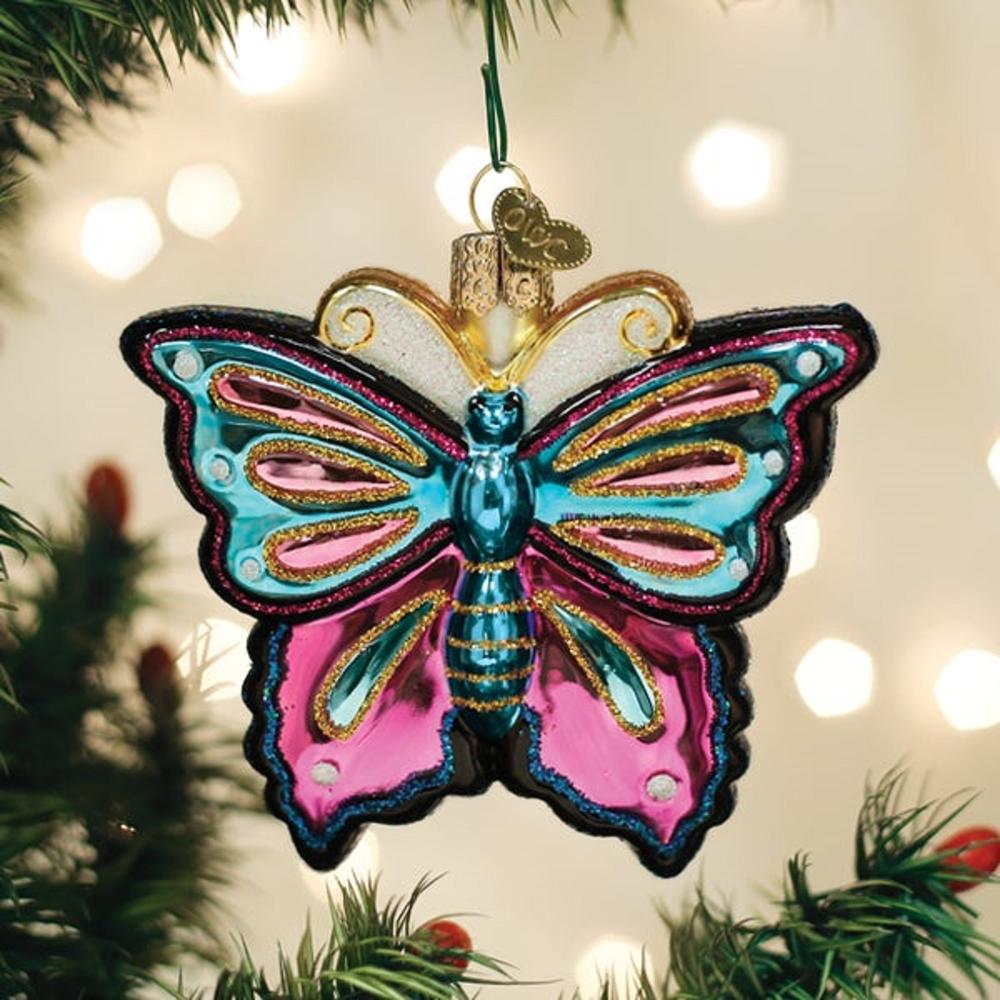 Old World Fanciful Butterfly Pink and Blue Christmas Holiday Ornament Blown Glass