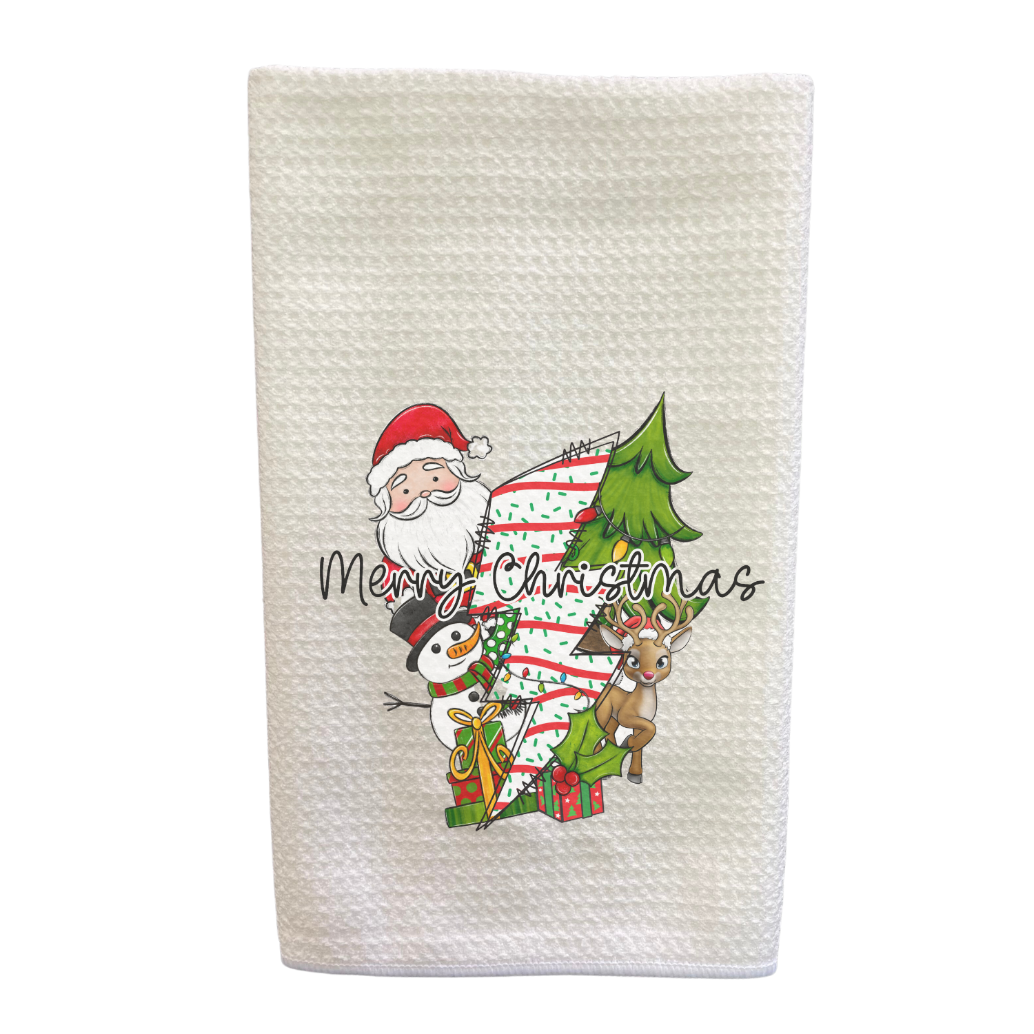 Mary B Decortive Art Merry Christmas Santa Snowman Reindeer Holiday Waffle Weave Kitchen Dish Towel