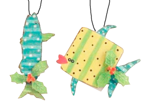 Youngs Barracuda and Whale Metal Fish Yellow and Teal Blue Holiday Ornaments