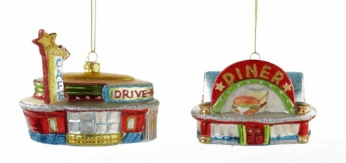 TJ Christmas Retro Look Roadside Drive In Cafe Diner Christmas Holiday Ornaments Set of 2