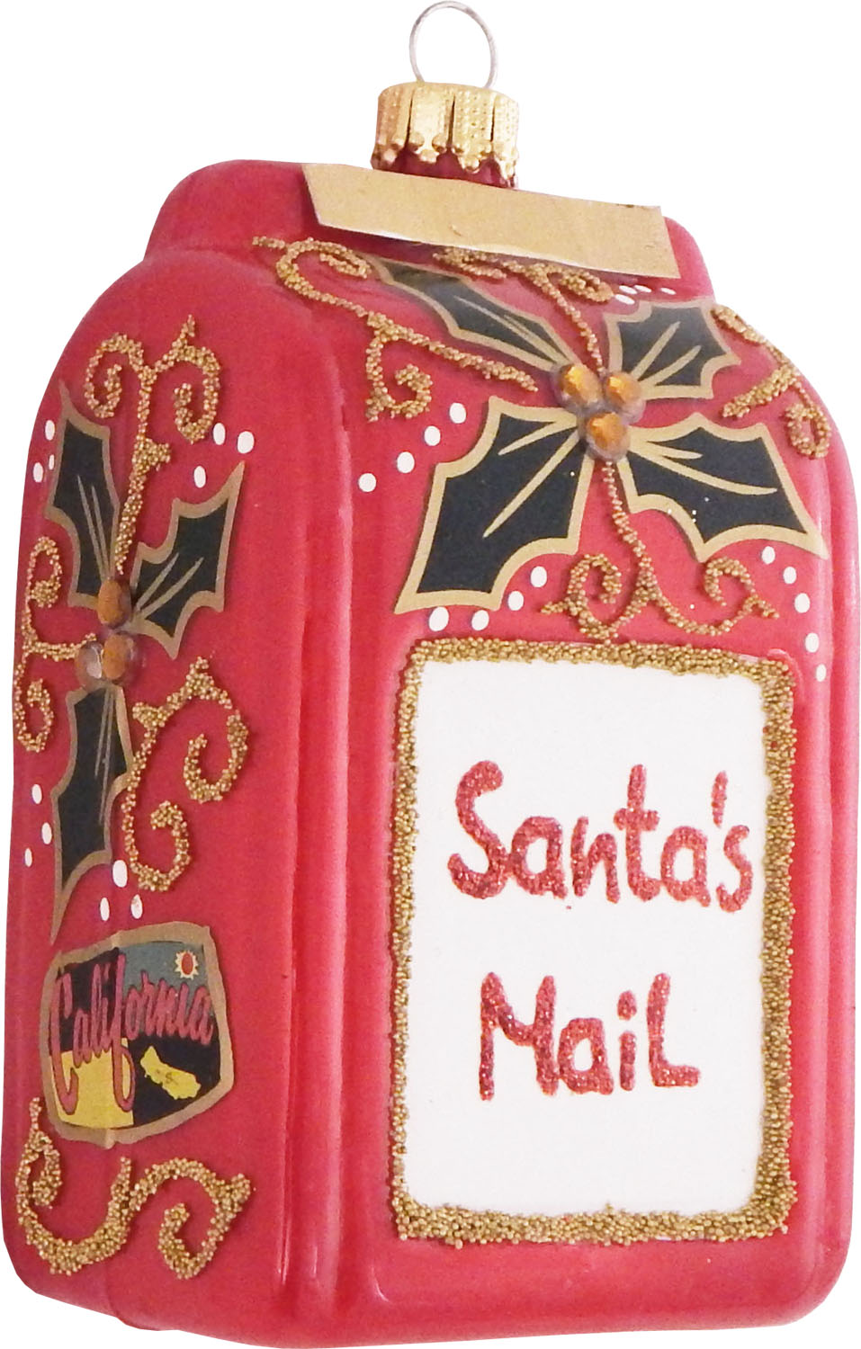 Christmas by Krebs Santas Mail Postal Box With Poinsettias Christmas Holiday Ornament Glass