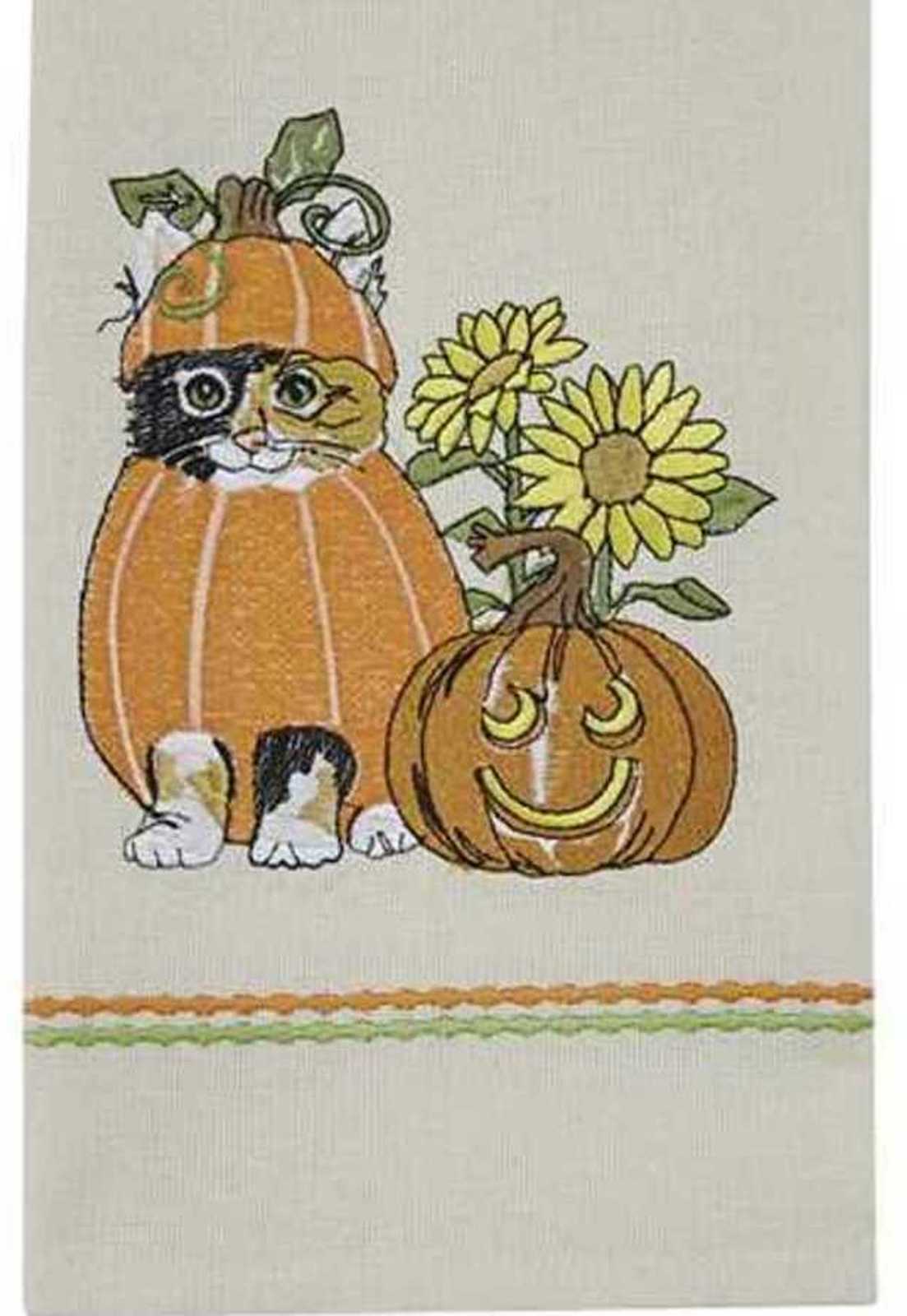 Park Designs Fall Pumpkin Patch Kitty Embroidered Kitchen Dish Towel