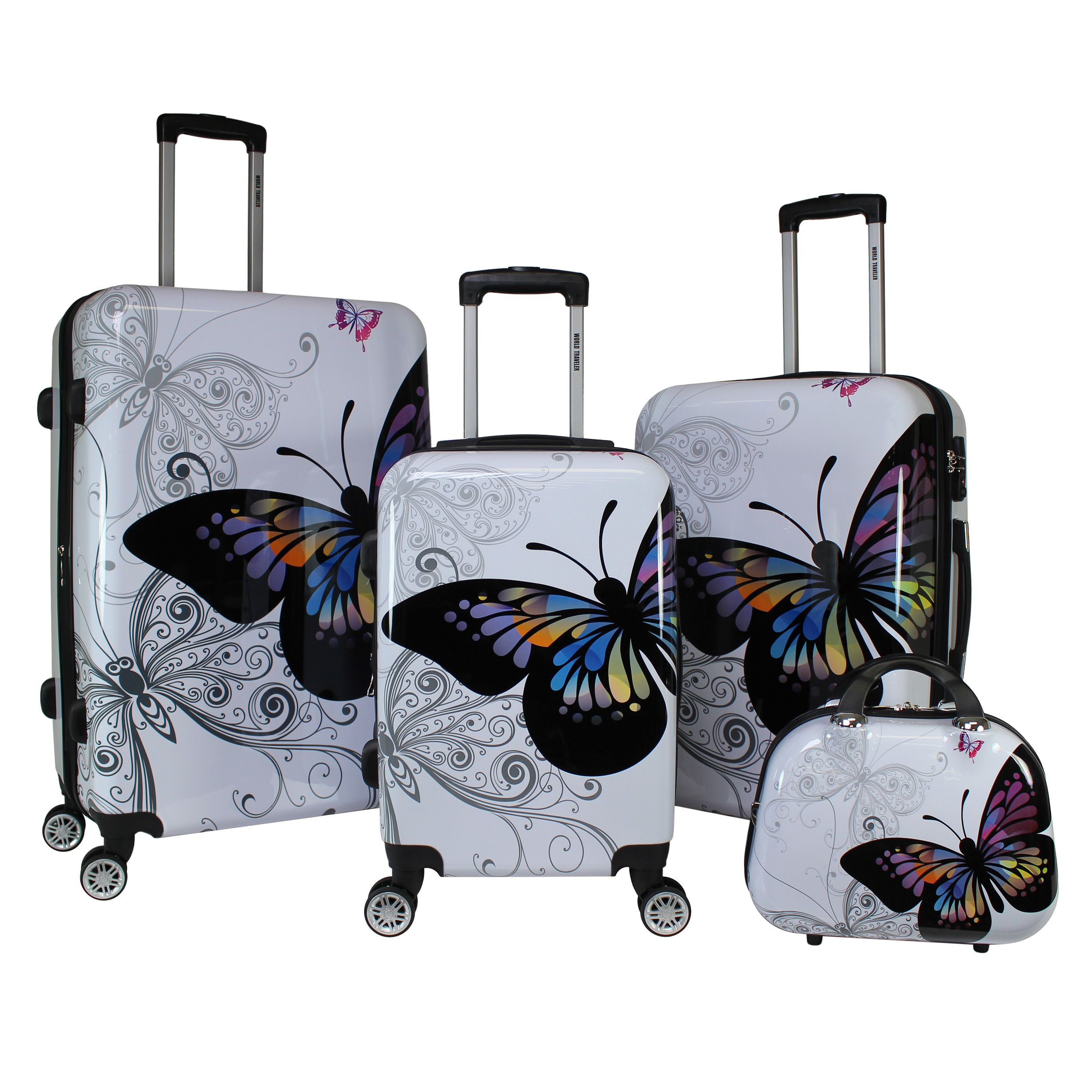 World Traveler Butterfly 4 Piece Hardside Upright Spinner Luggage Set