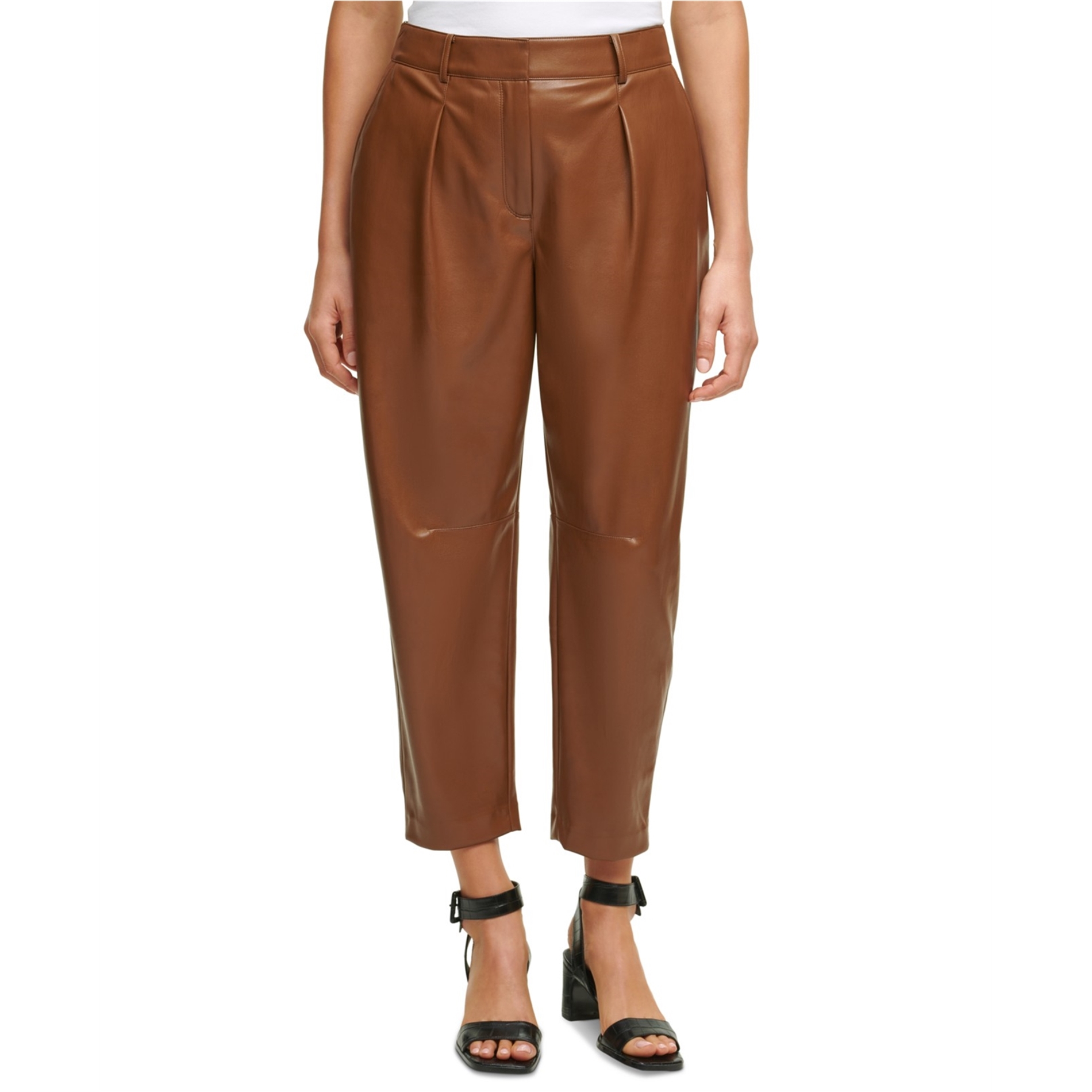 Calvin Klein Womens Faux-Leather Casual Cropped Pants