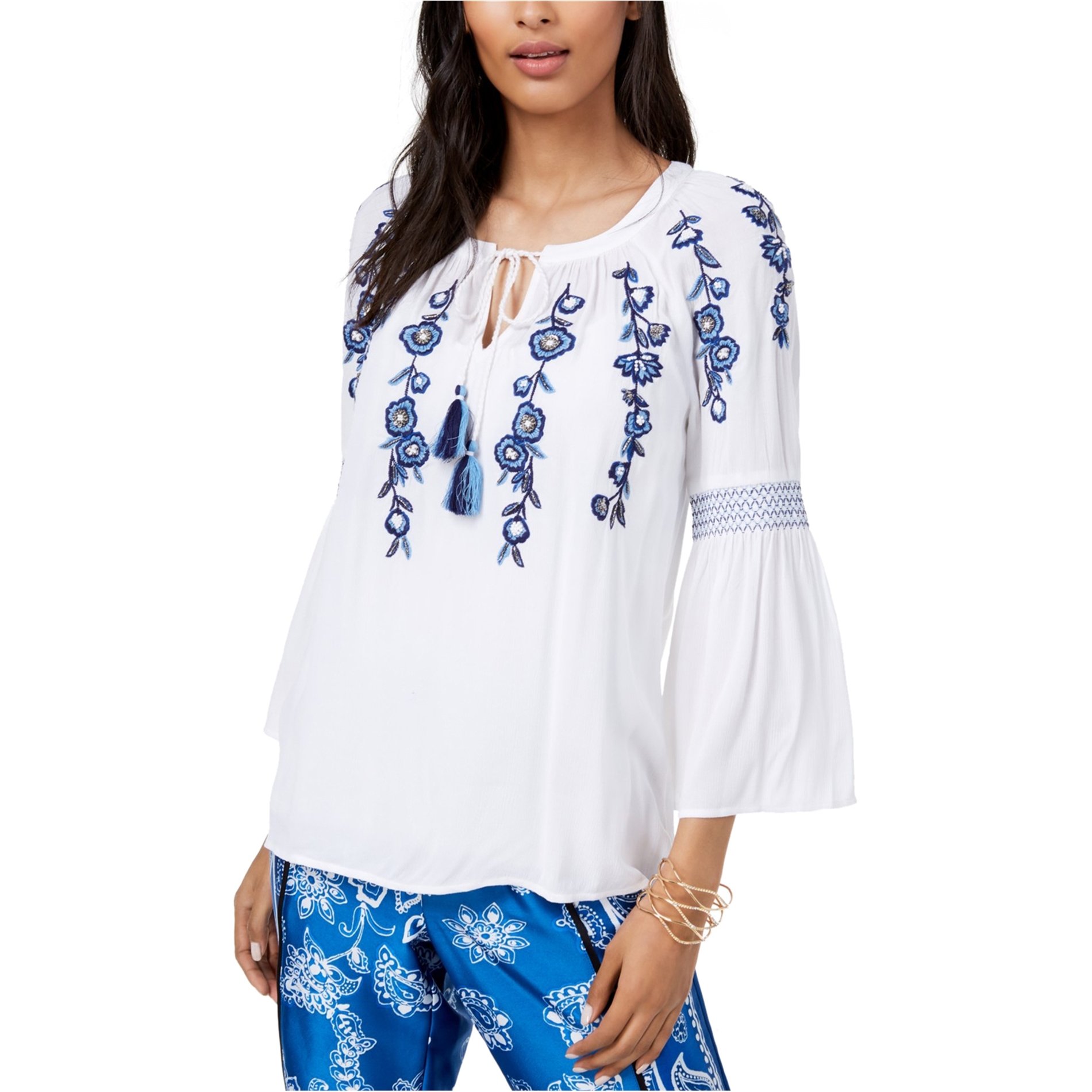 I-N-C Womens Embroidered Peasant Blouse