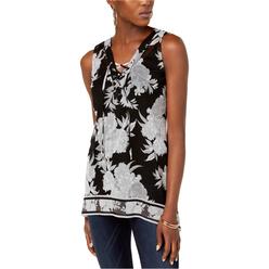 I-N-C Womens Floral Lace Up Sleeveless Blouse Top