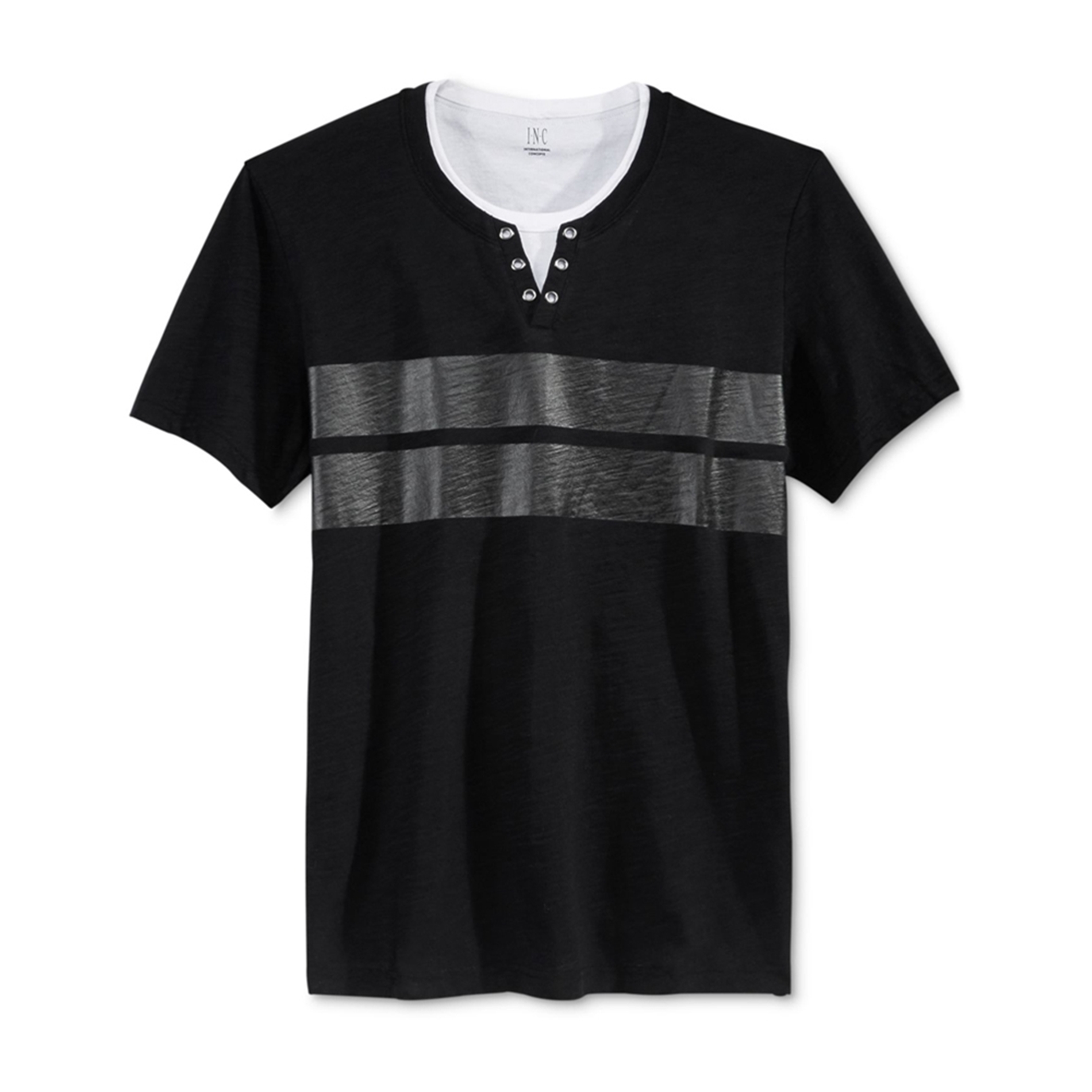 I-N-C Mens Gillman Stripe Split Neck Graphic T-Shirt