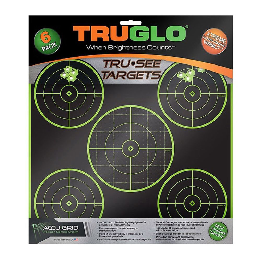 Truglo TG11A6 Tru-See Target 12"X12" 5-Bullseye Self-adhesive 6 Targets - Green