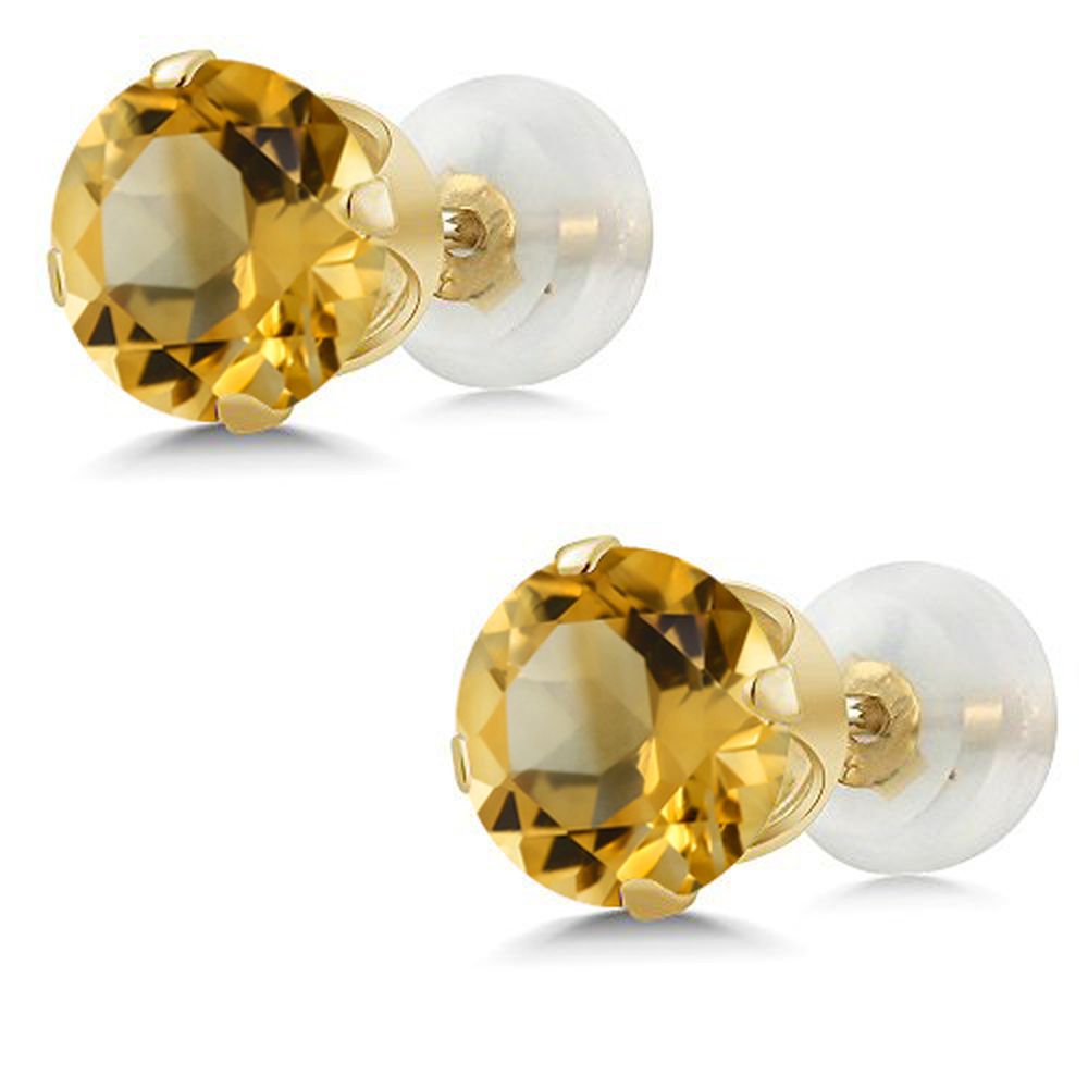 Gem Stone King 14K Yellow Gold Citrine Stud Earrings For Women (1.25 Cttw, Gemstone Birthstone, Round 5MM)