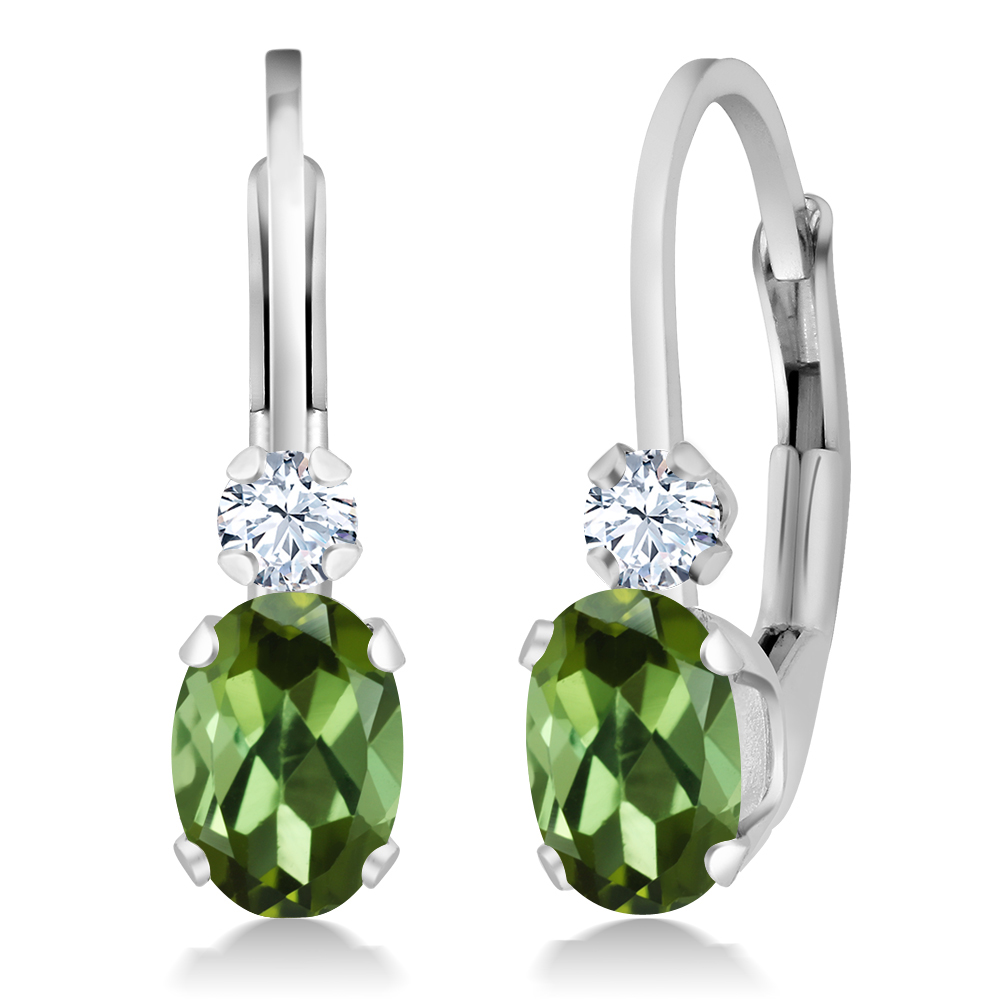 Gem Stone King 0.88 Ct Oval Green Tourmaline White Sapphire 925 Silver Leverback 3/4 Inch Earrings