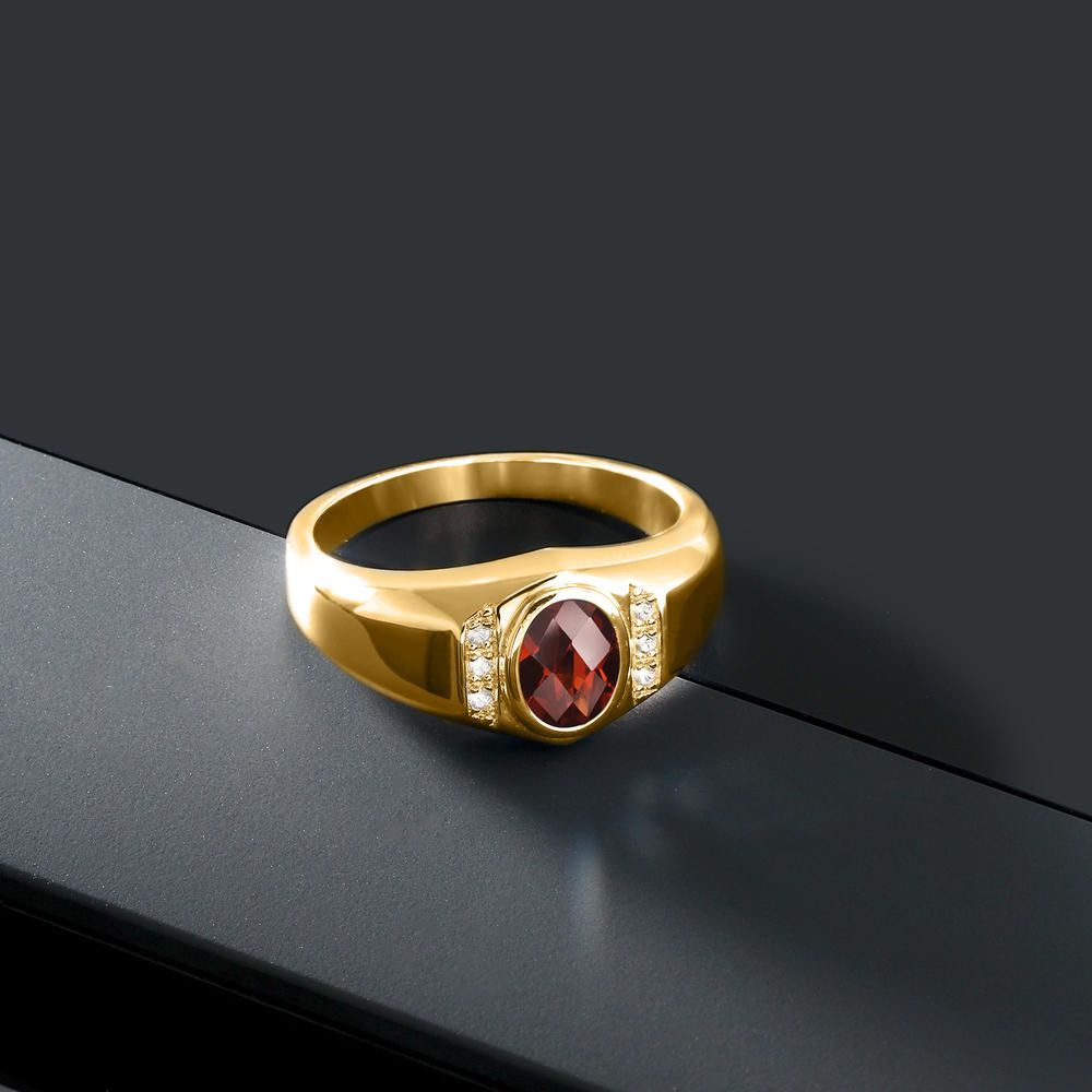 Gem Stone King 1.59 Ct Oval Checkerboard Red Garnet White Created Sapphire 18K Yellow Gold Plated Silver Men's Ring