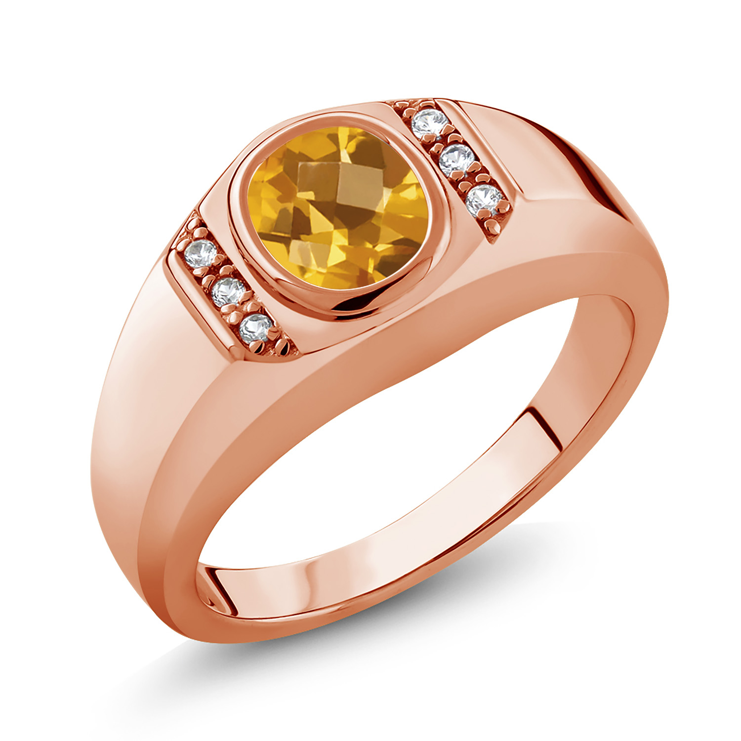 Gem Stone King 1.31 Ct Oval Checkerboard Yellow Citrine White Created Sapphire 18K Rose Gold Plated Silver Men's Ring