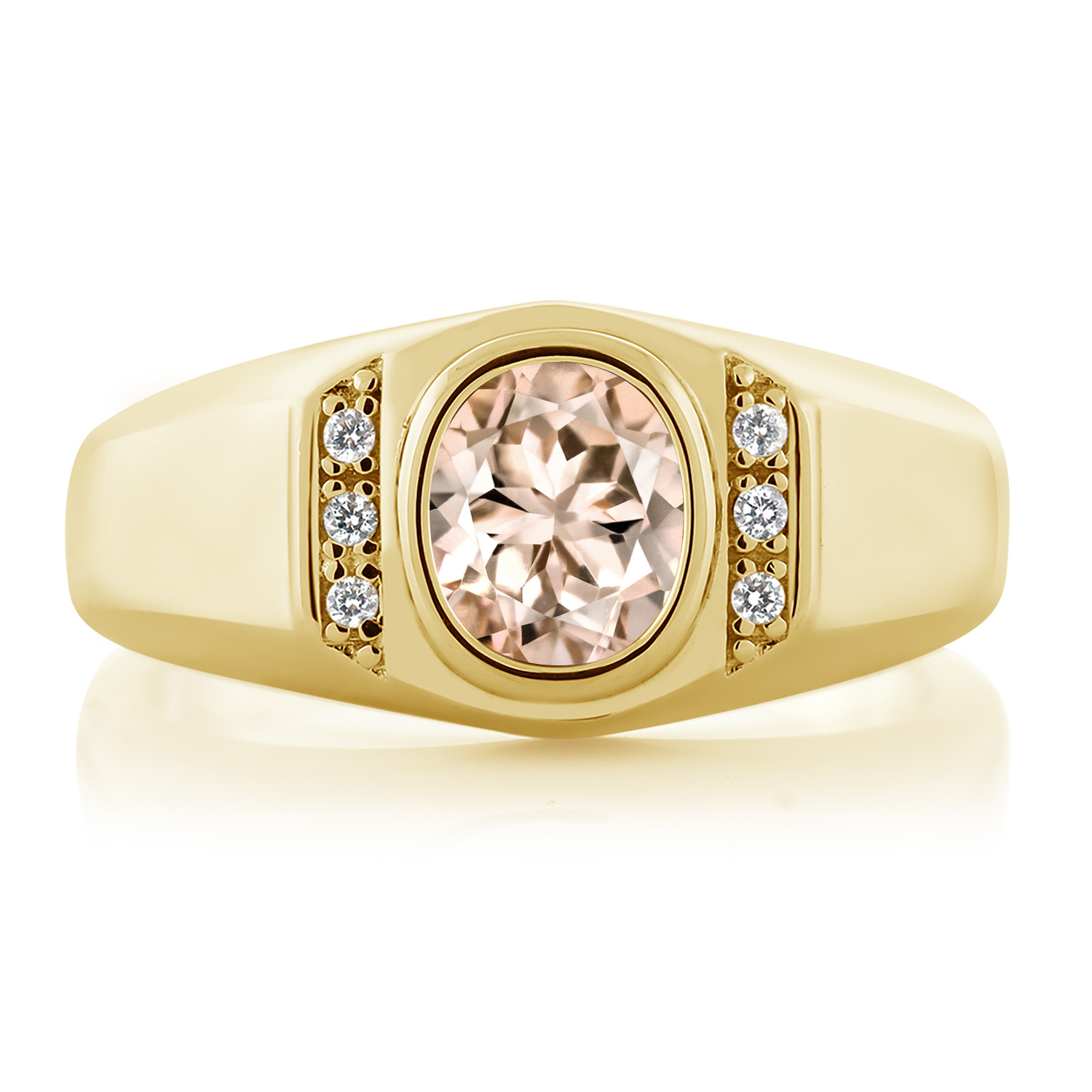 Gem Stone King 1.06 Ct Peach Morganite White Created Sapphire 18K Yellow Gold Plated Silver Men's Ring