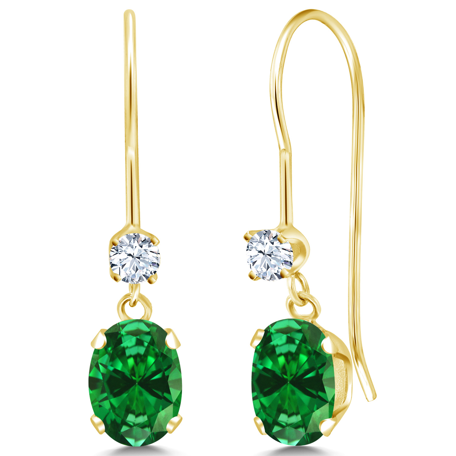 Gem Stone King 14K Yellow Gold Green Simulated Emerald Dangle Earrings For Women (1.46 Cttw, Oval 6X4MM)