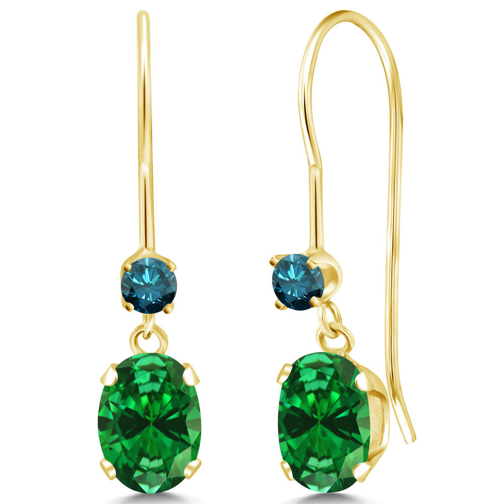 Gem Stone King 1.49 Ct Oval Green Simulated Emerald Blue Diamond 14K Yellow Gold Dangle Earrings
