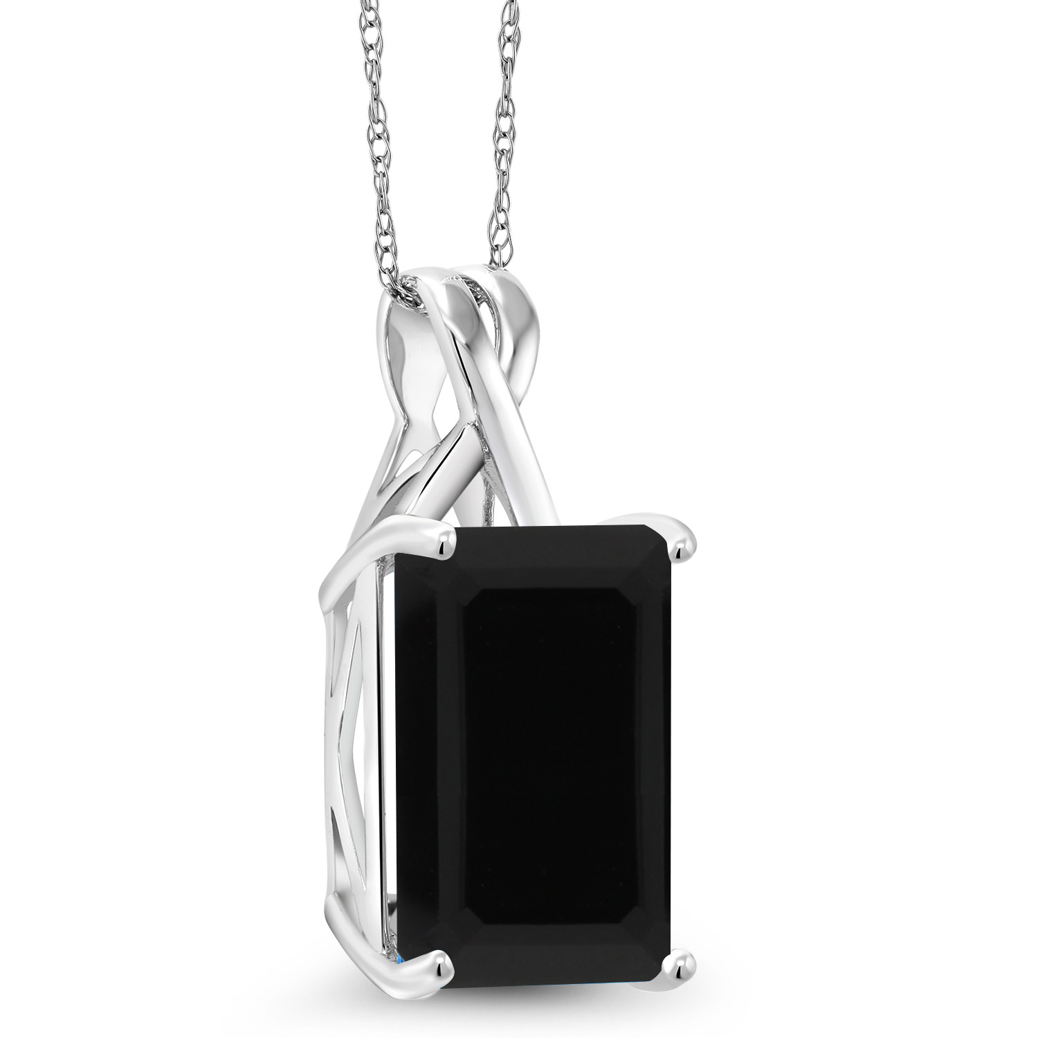 Gem Stone King 10K White Gold Black Onyx Pendant Necklace For Women (5.00 Cttw, Gemstone Birthstone, 14X10MM Emerald Cut with 18 Inch Chain)