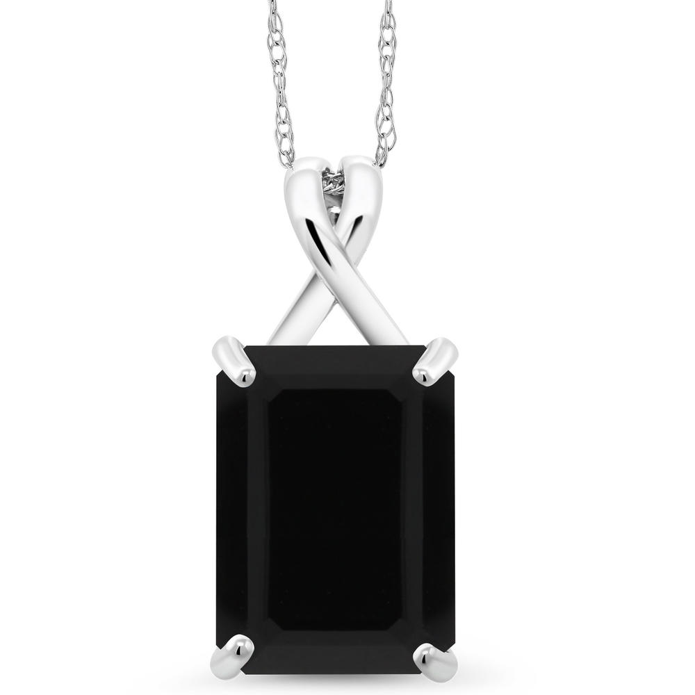Gem Stone King 10K White Gold Black Onyx Pendant Necklace For Women (5.00 Cttw, Gemstone Birthstone, 14X10MM Emerald Cut with 18 Inch Chain)