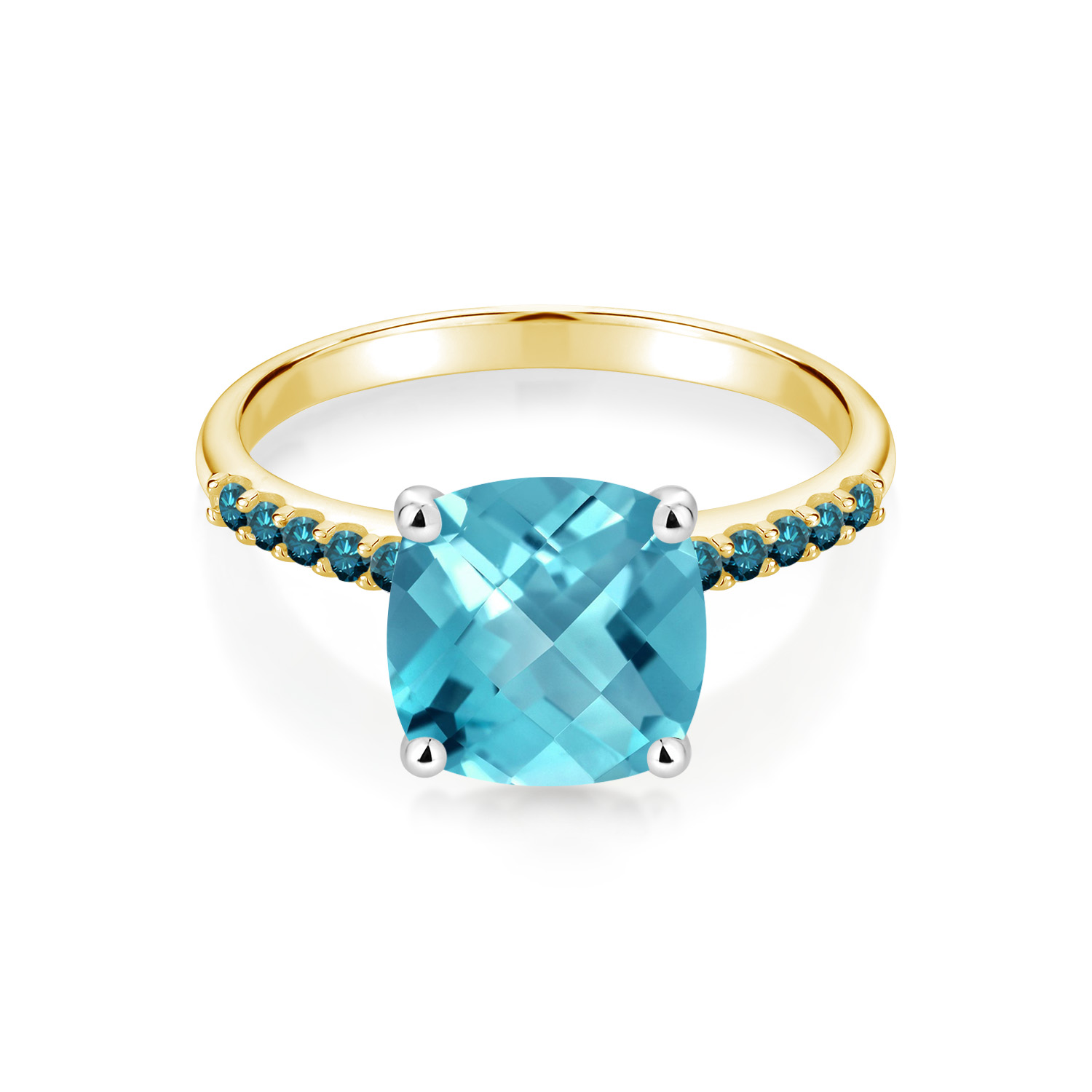 Gem Stone King 4 25 Ct Cushion Checkerboard Swiss Blue Topaz Blue Diamond 10k Yellow Gold Ring With White Gold Prongs Gem Stone King 4 25 Ct Cushion Checkerboard Swiss Blue Topaz Blue Diamond 10k Yellow Gold Ring With White Gold Prongs