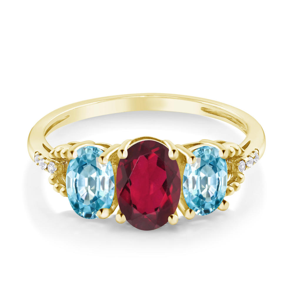 Gem Stone King 10K Yellow Gold 3-Stone Diamond Engagement Ring 2.12 Ct Oval Red Mystic Topaz Blue Zircon