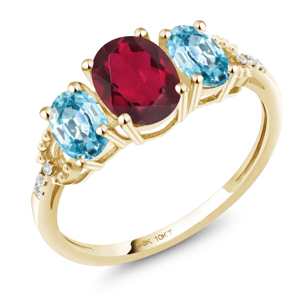 Gem Stone King 10K Yellow Gold 3-Stone Diamond Engagement Ring 2.12 Ct Oval Red Mystic Topaz Blue Zircon