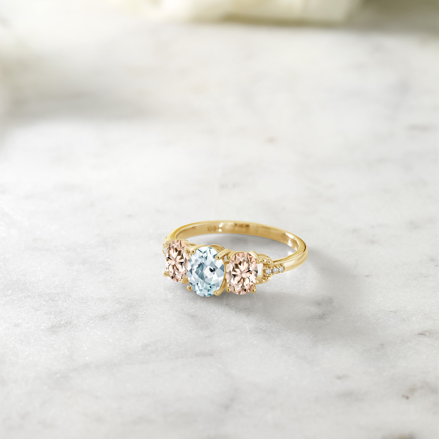 Gem Stone King 1.77 Ct Oval Sky Blue Aquamarine Peach Morganite 10K Yellow Gold 3-Stone Diamond Engagement Ring