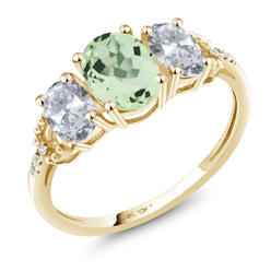 Gem Stone King 10K Yellow Gold 3-Stone Diamond Engagement Ring 1.97 Ct Oval Green Prasiolite White Topaz