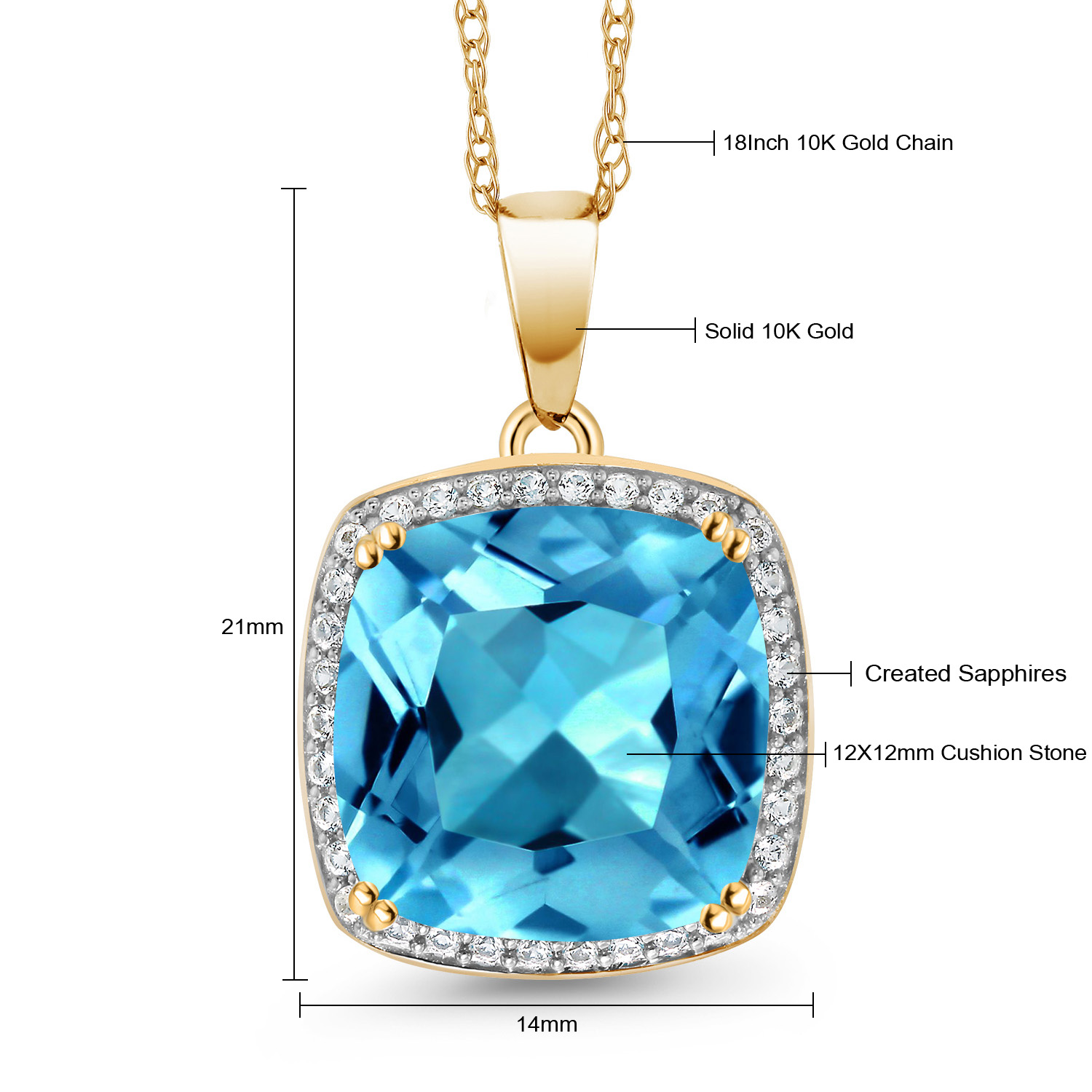 Gem Stone King 8.57 Ct Swiss Blue Topaz White Created Sapphire 10K Yellow Gold Pendant with Chain