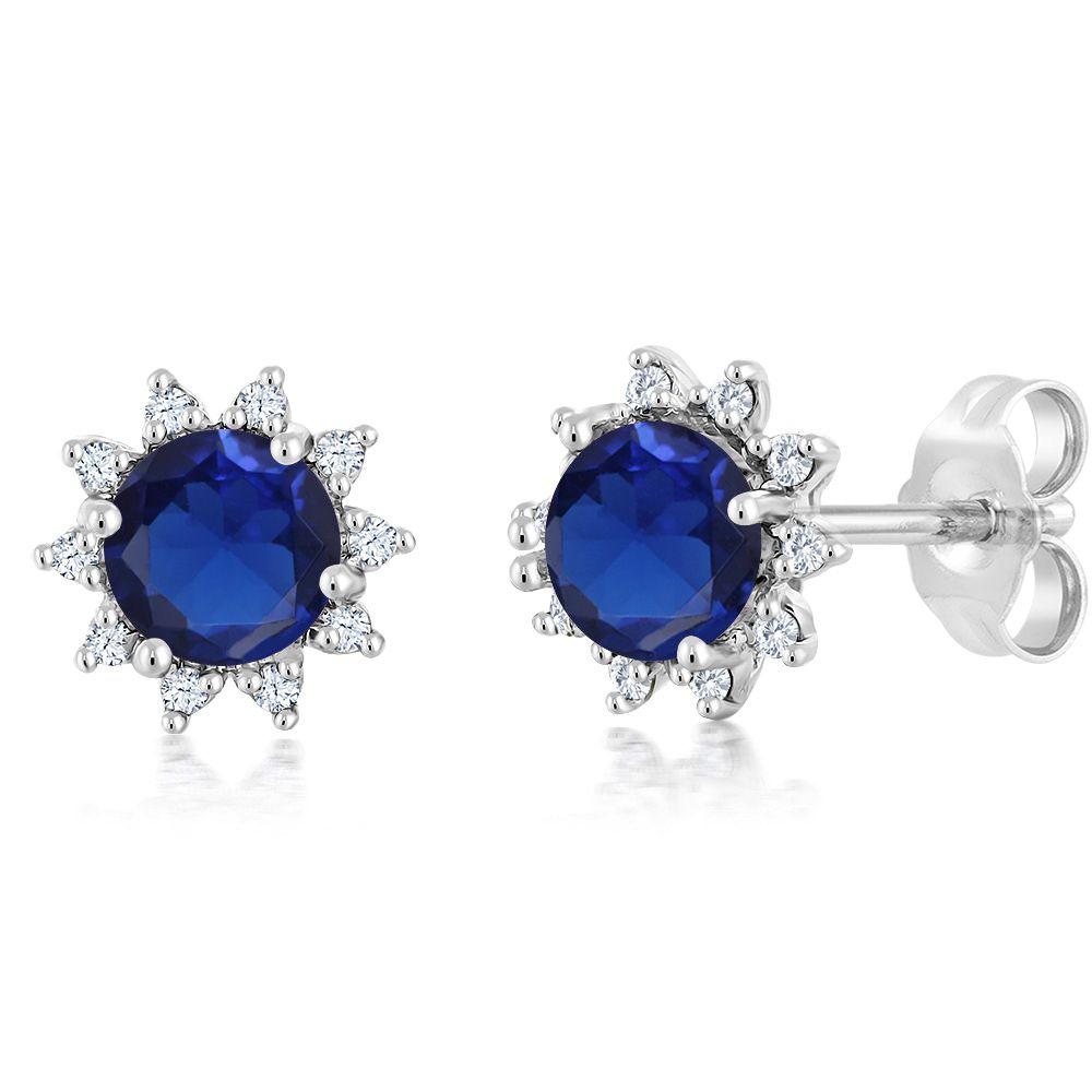 Gem Stone King 18K White Gold Blue Created Sapphire and White Diamond Stud Earrings For Women (0.50 Cttw, Gemstone Birthstone, Round 4MM)