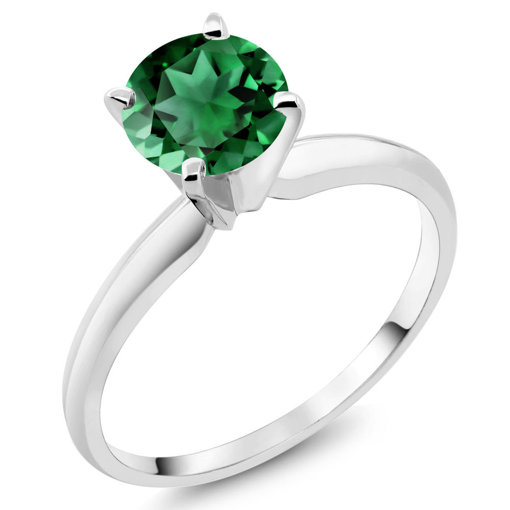 Gem Stone King 14K White Gold Women's Solitaire Engagement 4-Prong Ring 0.77 Ct Round Green Simulated Emerald