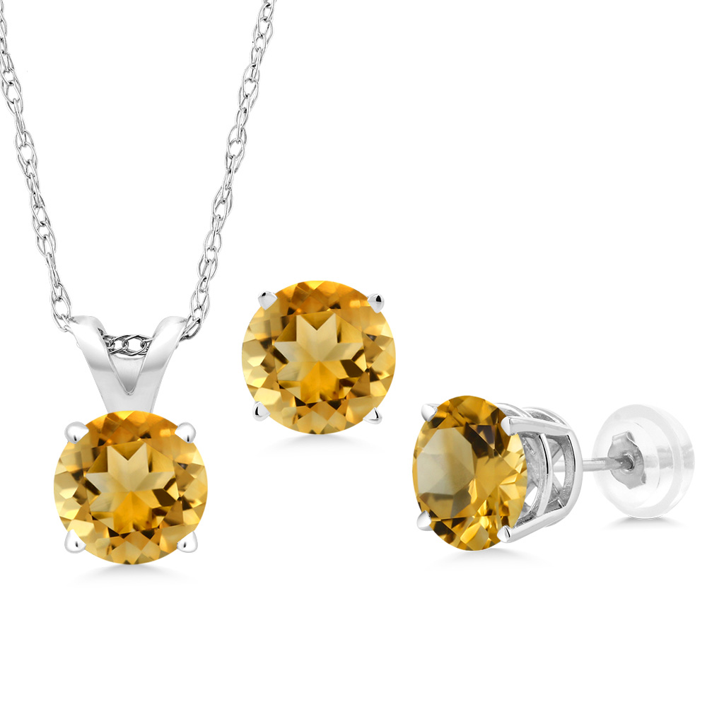 Gem Stone King 2.10 Ct Round Yellow Citrine 14K White Gold Pendant and Earrings Jewelry Set With Chain