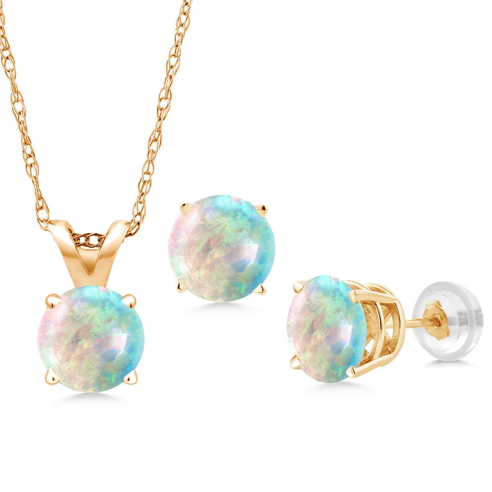 Gem Stone King 2.25 Ct Cabochon Simulated Opal 14K Yellow Gold Pendant and Earrings Jewelry Set With Chain