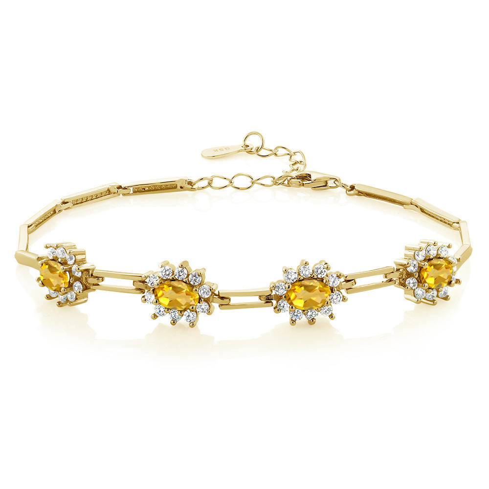 Gem Stone King 3.60 Ct Oval Yellow Citrine 18K Yellow Gold Plated Silver Bracelet For Women 7+1 Inches Extender