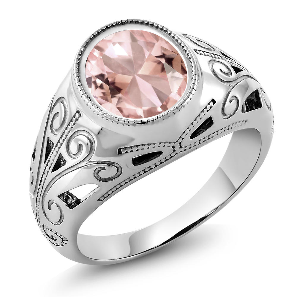 Gem Stone King Men's 925 Sterling Silver Oval Peach Simulated Morganite Ring (4.73 Cttw, Available In Size 7, 8, 9, 10, 11, 12, 13)