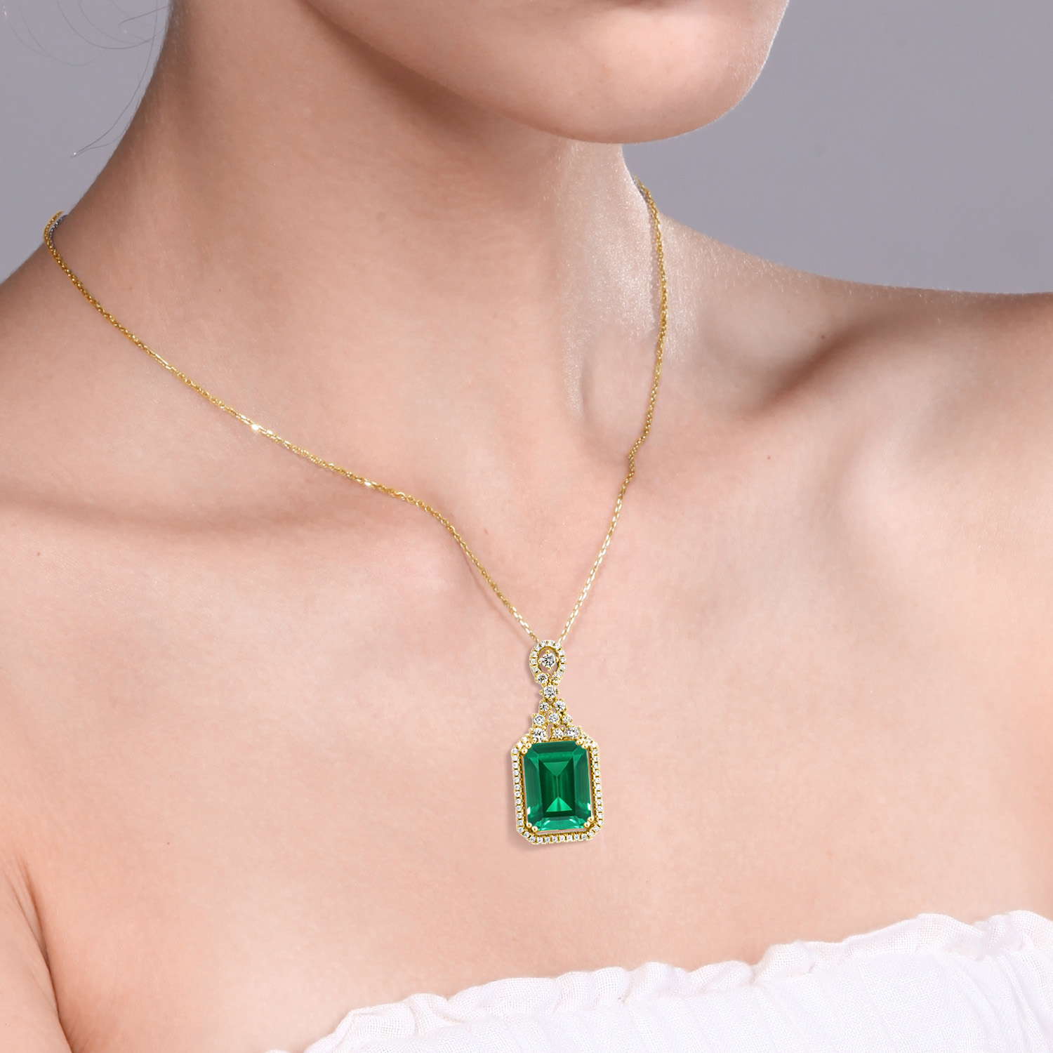 Gem Stone King 18K Yellow Gold Plated Silver Green Nano Emerald Pendant Necklace For Women (7.10 Cttw, Emerald Cut 14X10MM, with 18 Inch Chain)