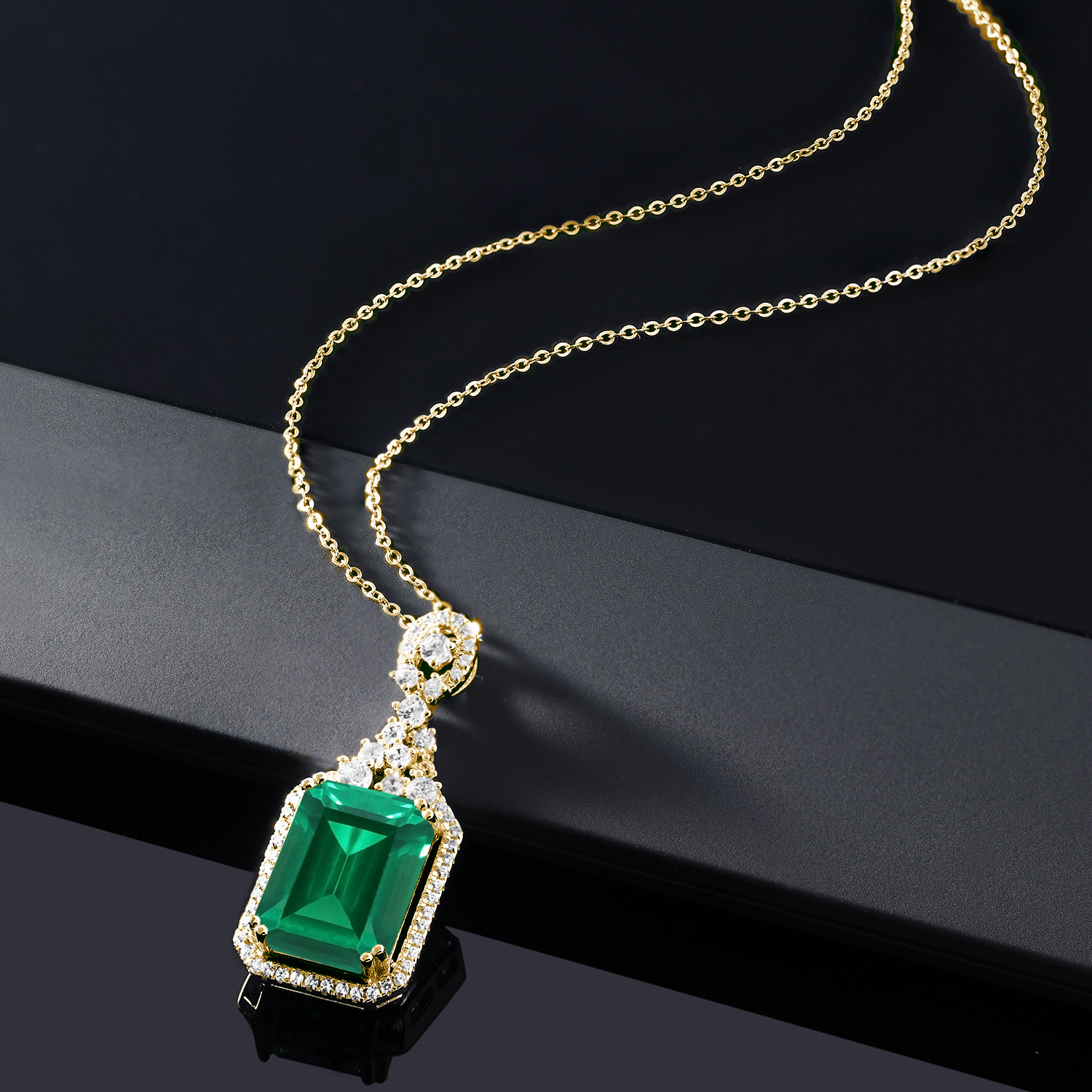 Gem Stone King 18K Yellow Gold Plated Silver Green Nano Emerald Pendant Necklace For Women (7.10 Cttw, Emerald Cut 14X10MM, with 18 Inch Chain)