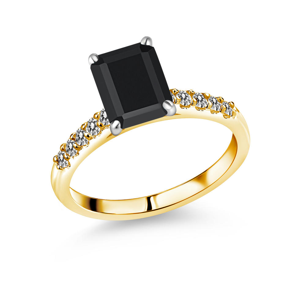 Gem Stone King 2.43 Ct Black Onyx White Diamond 10K Yellow Gold Ring with White Gold Prongs