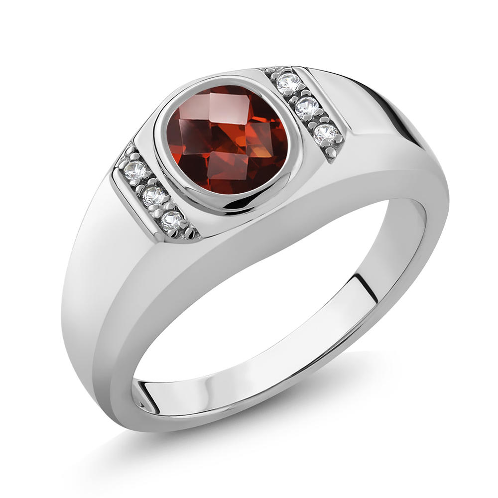 Gem Stone King 1.46 Ct Oval Checkerboard Red Garnet White Created Sapphire 925 Silver Men's Ring