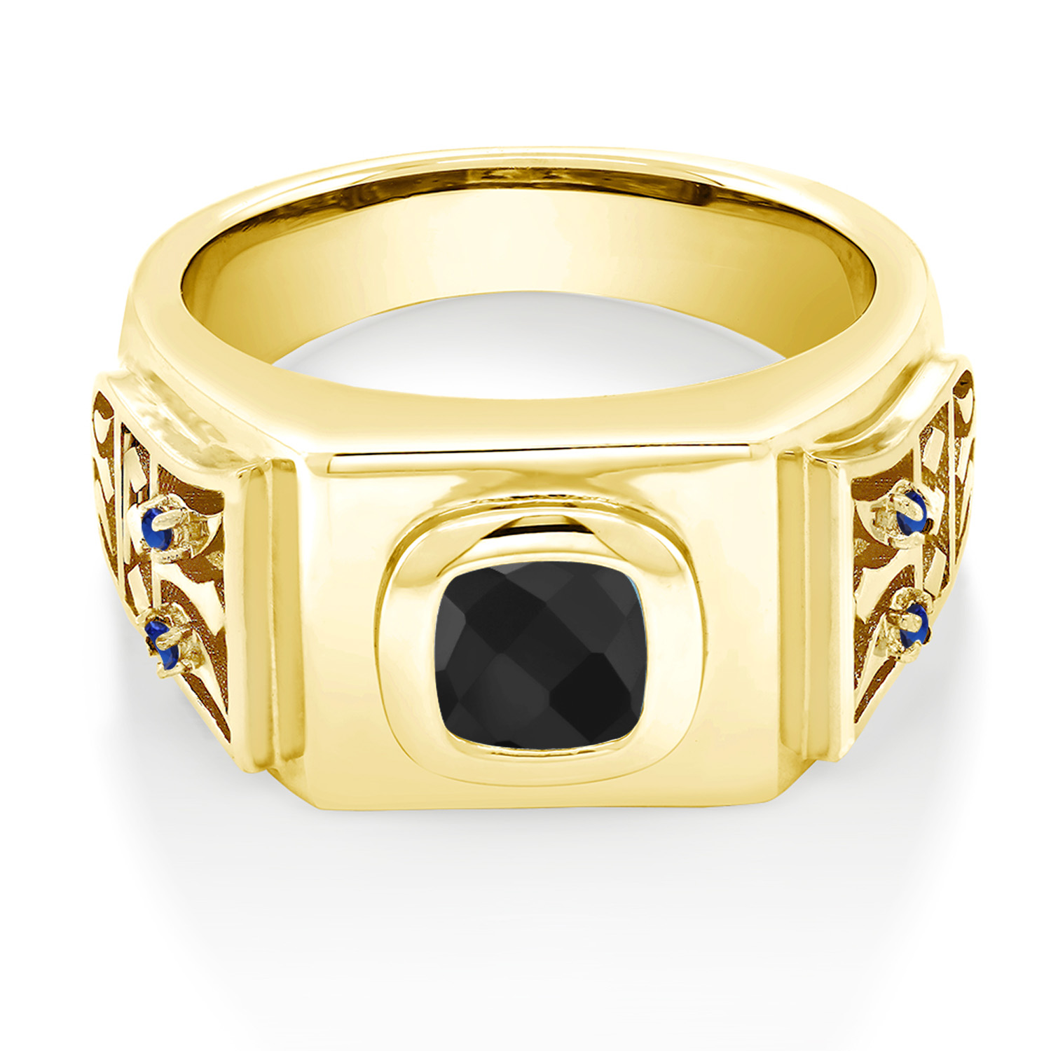 Gem Stone King 2.15 Ct Cushion Checkerboard Black Onyx Blue Created Sapphire 18K Yellow Gold Plated Silver Men's Ring