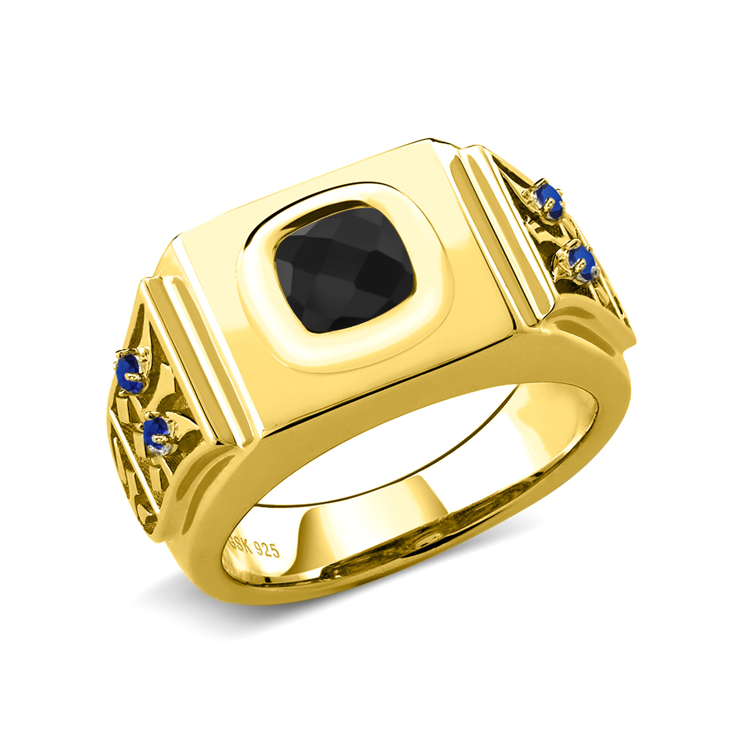 Gem Stone King 2.15 Ct Cushion Checkerboard Black Onyx Blue Created Sapphire 18K Yellow Gold Plated Silver Men's Ring