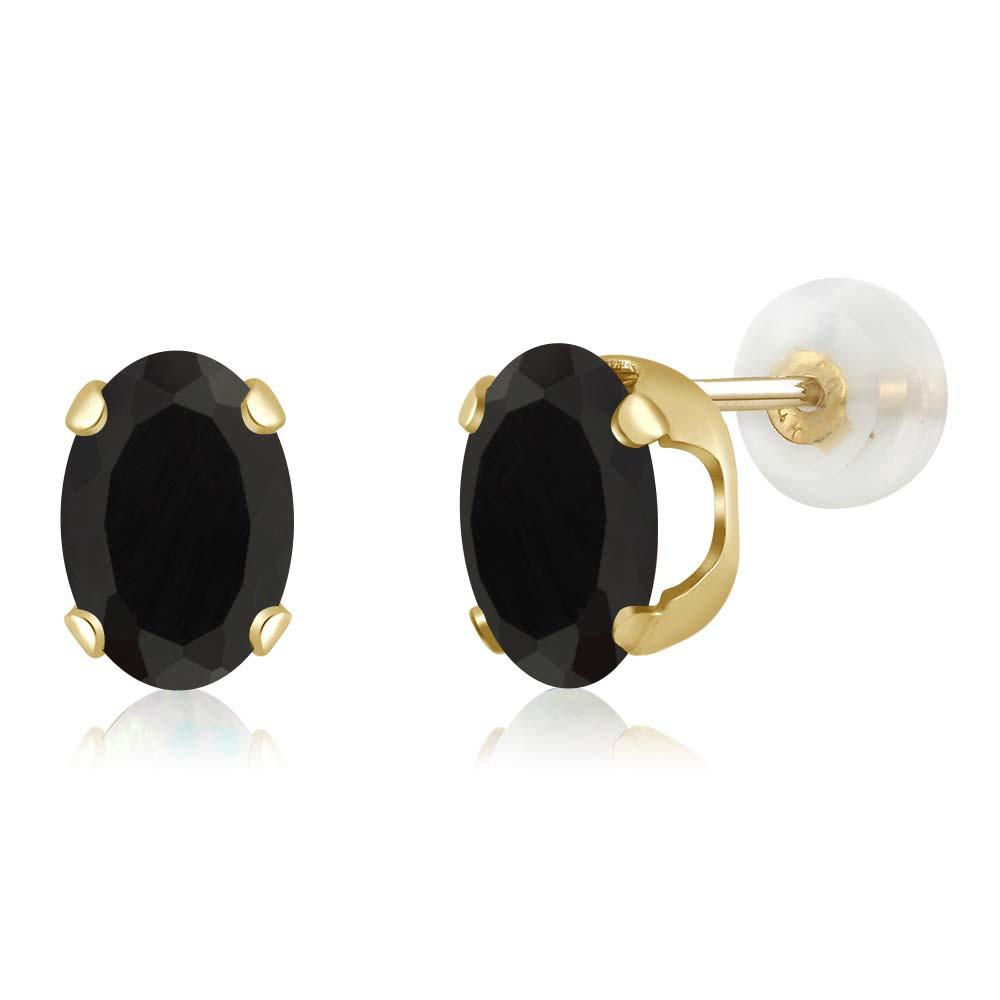 Gem Stone King 14K Yellow Gold Black Onyx Stud Earrings For Women (2.50 Cttw, Gemstone February Birthstone, Oval 8X6MM)