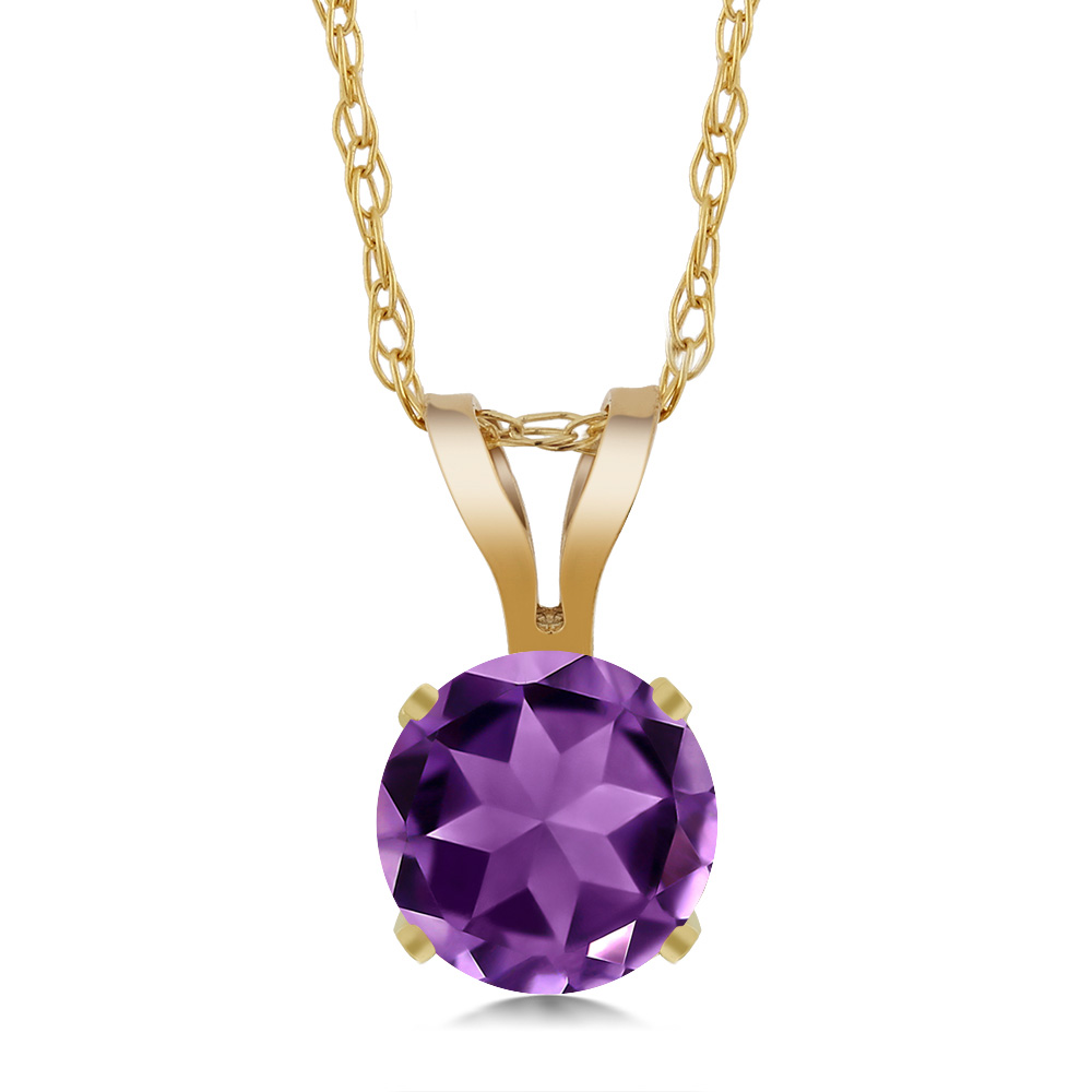 Gem Stone King 14K Yellow Gold Purple Amethyst Pendant Necklace For Women (0.45 Cttw, Gemstone Birthstone, Round 5MM, With 18 Inch Chain)