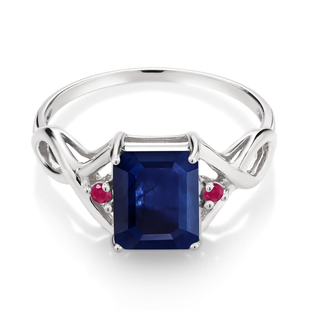 Gem Stone King 2.48 Ct Octagon Blue Sapphire Red Ruby 925 Sterling Silver Ring