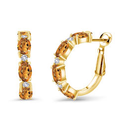 Gem Stone King 3.44 Ct Orange Red Madeira Citrine White Created Sapphire 18K Yellow Gold Plated Silver Hoop Earrings