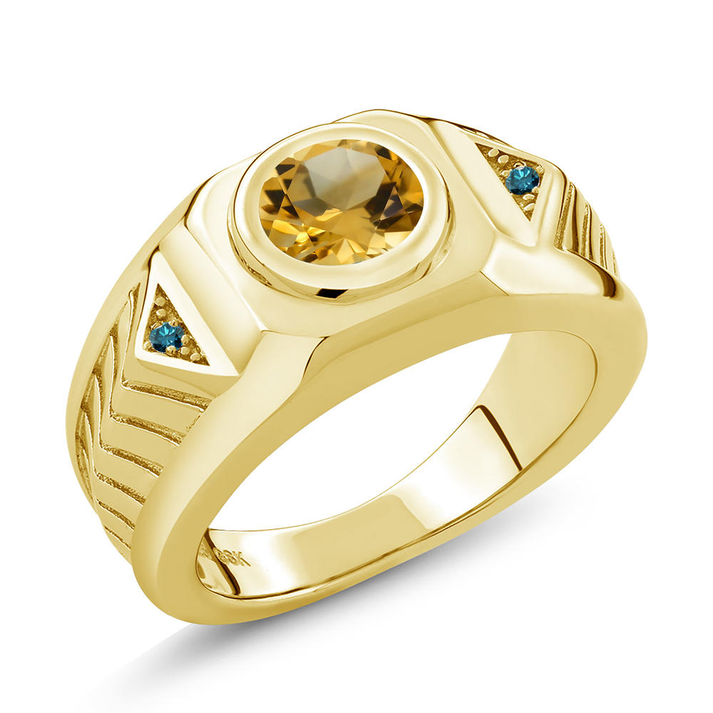 Gem Stone King 1.53 Ct Yellow Citrine Blue Diamond 18K Yellow Gold Plated Silver Men's Ring
