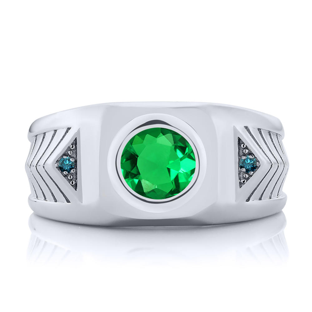 Gem Stone King 1.68 Ct Round Green Simulated Emerald Blue Diamond 925 Silver Men's Ring